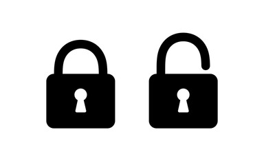 Lock icon. Unlock open lock. Padlock symbol password. Black private sign isolated on white background. Closed lock. Code safety. Security computer system. Simple flat lock. Vector illustration