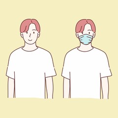 Man wearing medical mask and no wear. prevent disease, flu, air pollution, contaminated air, world pollution concept. Hand drawn character flat style vector.