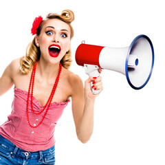 Happy excited, surprised woman holding megaphone and shout something. Girl in pin up style, with open mouth in retro vintage studio concept, isolated over white background. Square composition image.