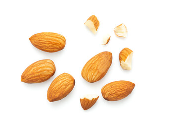 Almonds and Mint leaves isolated on white background