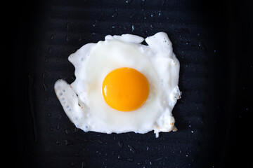 fried egg. top view and close up of the fried egg on a frying pan.