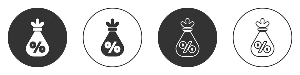 Black Money bag with percent icon isolated on white background. Cash Banking currency sign. Circle button. Vector Illustration.