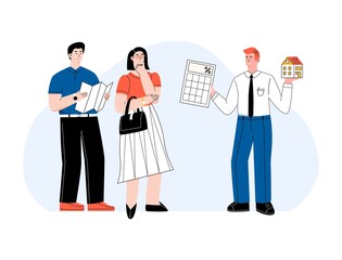Man consultant holding a house and a calculator. Broker helps with home mortgage. Couple of people thinking about getting a home loan. Man holds a leaflet checking contract rate. Vector flat concept