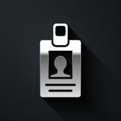 Silver Identification badge icon isolated on black background. It can be used for presentation, identity of the company, advertising. Long shadow style. Vector Illustration.