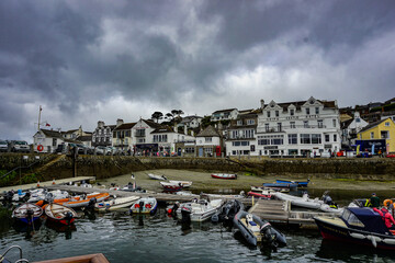 St Mawes seaside town in Cornwall, UK with stormy sky