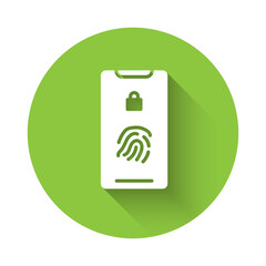White Smartphone with fingerprint scanner icon isolated with long shadow. Concept of security, personal access via finger on mobile. Green circle button. Vector Illustration.