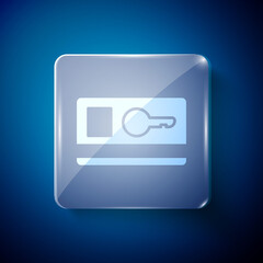 White Key card icon isolated on blue background. Square glass panels. Vector Illustration.