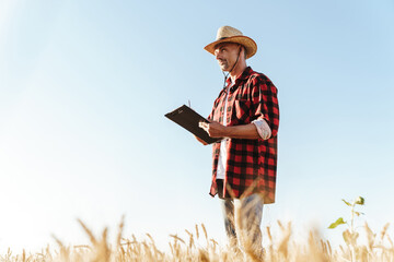 Image of unshaven adult man looking aside while standing at cereal field
