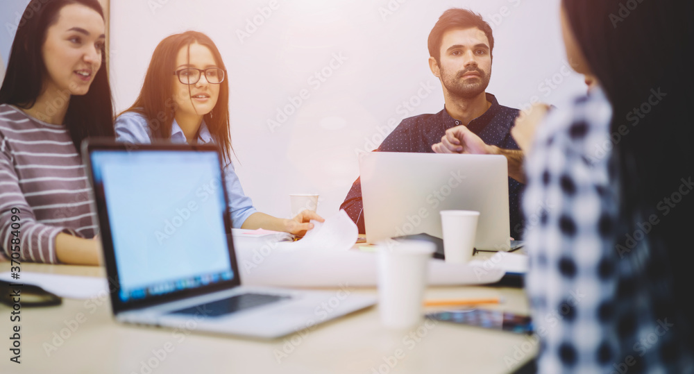 Poster group of creative designers planning working process for improving productivity while collaborating,