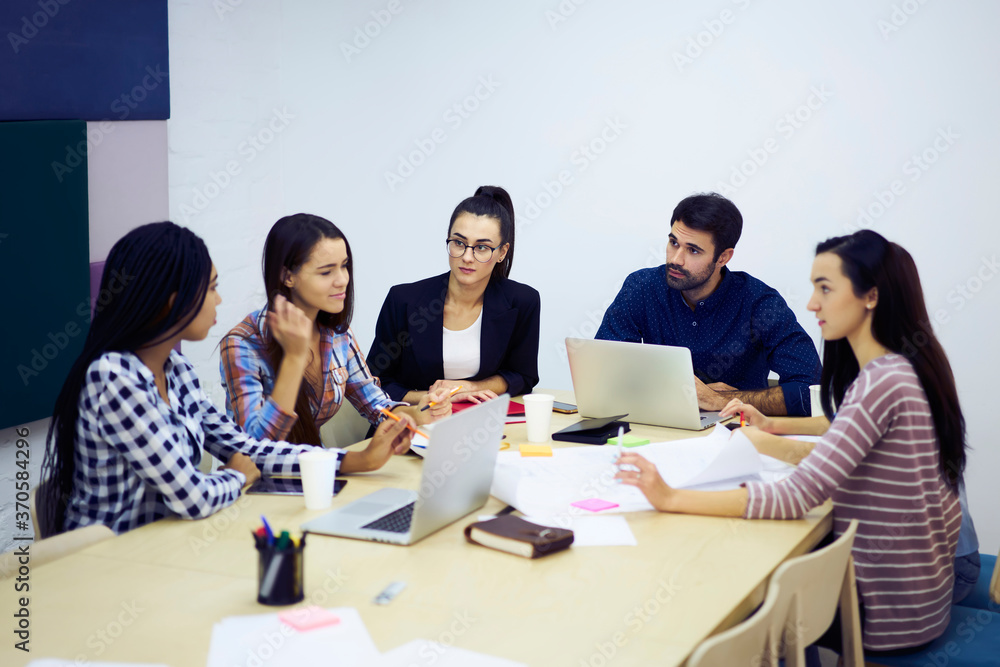 Poster group of professional marketing experts having brainstorming session creating advertising campaign c