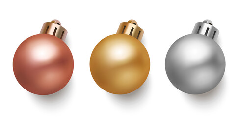 Set of Christmas balls bonze, golden and silver isolated on white. New Year decorations. Vector illustration.