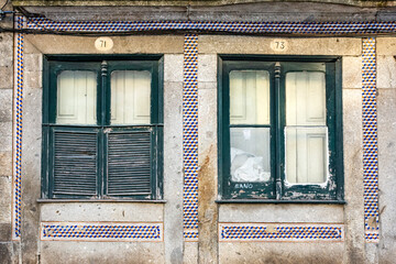 Weathered Windows With Shutters, Bordered By Tiles (Azulejos), Braga, Portugal