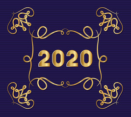 2020 in ornament gold frame on blue background design, Welcome celebrate greeting card happy decorative and celebration theme Vector illustration