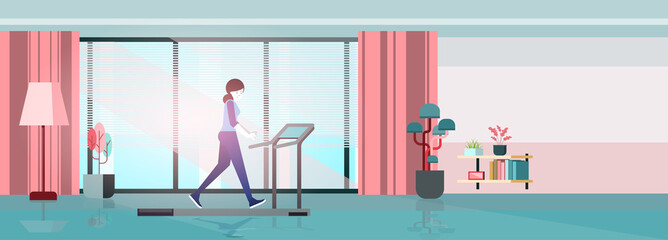 Home exercise Running machine. Vector flat concept with woman sitting at home .Vector flat illustration concept