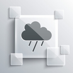 Grey Cloud with rain icon isolated on grey background. Rain cloud precipitation with rain drops. Square glass panels. Vector.