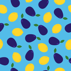 Flat bright lemons and plums with leaves on blue background. Seamless summer fruit fresh pattern. Suitable for textile, packaging, wallpaper.