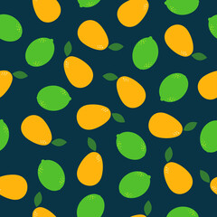 Flat bright limes and yellow plums with leaves on dark background. Seamless fruit food pattern. Suitable for textile, packaging, wallpaper.