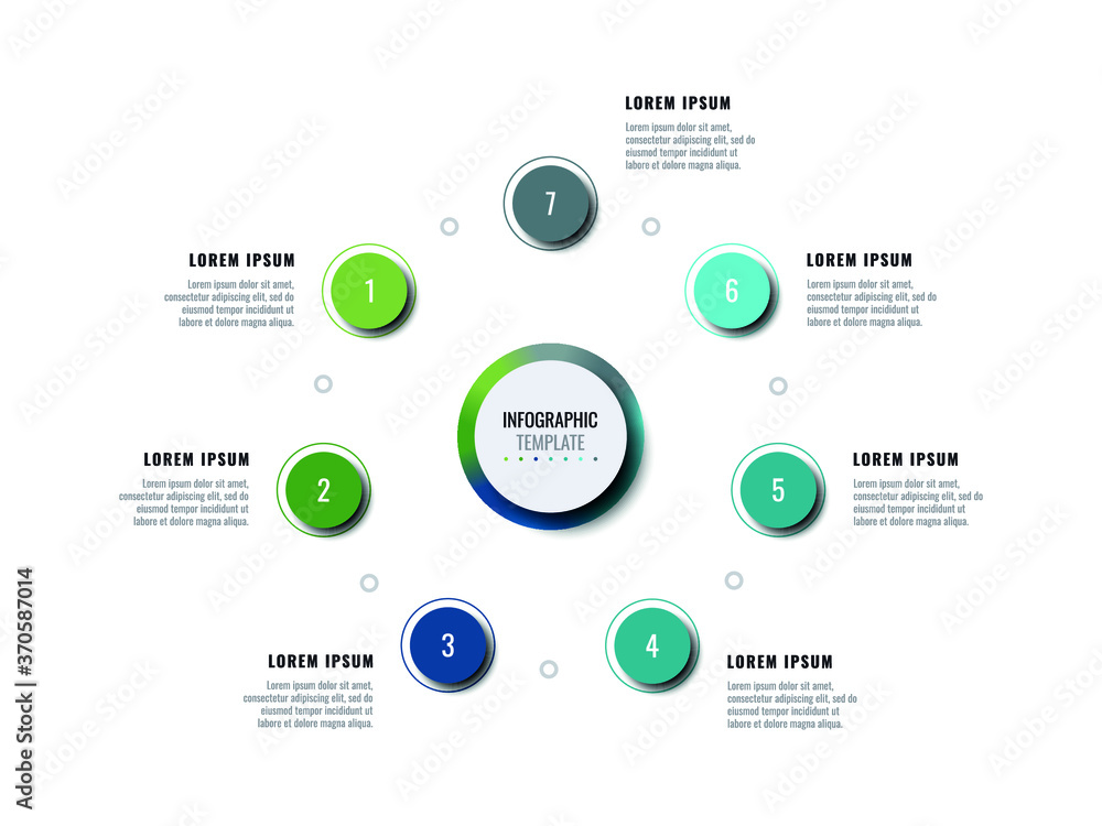 Poster business infographic template with seven round realistic elements on a white background. modern hori
