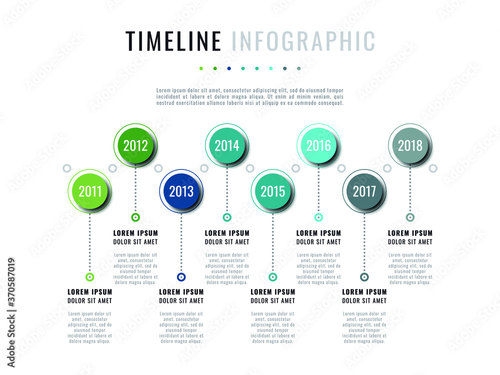 Wall mural business infographic timeline template with round realistic elements on a white background. modern c