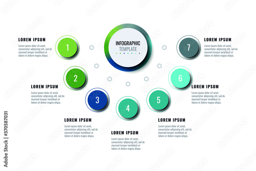 Poster business infographic template with seven round realistic elements on a white background. modern hori