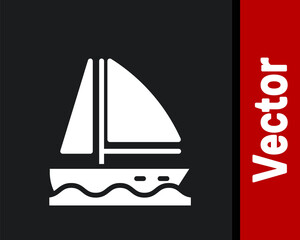 White Yacht sailboat or sailing ship icon isolated on black background. Sail boat marine cruise travel. Vector.