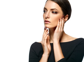 Woman beautiful face natural make up manicure nails hands beautiful hair