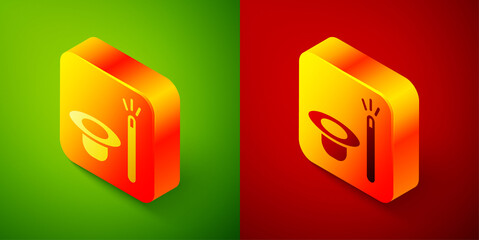 Isometric Magic hat and wand icon isolated on green and red background. Magic trick. Mystery entertainment concept. Square button. Vector.