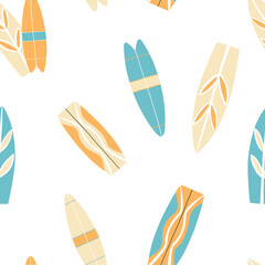 Hand drawn isolated seamless pattern with various surf and kite boards.Vector illustration for fabric print and other.
