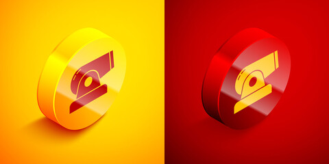 Isometric Cannon icon isolated on orange and red background. Circle button. Vector.