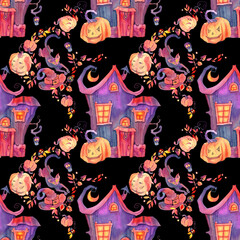 Halloween pattern with house pumpkin cat cherope hat and moon. Design for festive textile packaging and website.