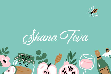 Jewish holiday Rosh Hashanah holiday greeting card design. Childish print for cards, invitations and posters. Hebrew text 