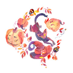 Watercolor Halloween illustration with cat hat and pumpkin isolated on white background. Design for invitations, labels, banner. postcards and website.
