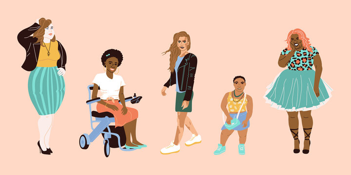 Set of lovely women with natural beauty, different shapes, height and skin color. Different women in flat style. People with skin problems, people in a wheelchair, dwarfism, and different complexions.