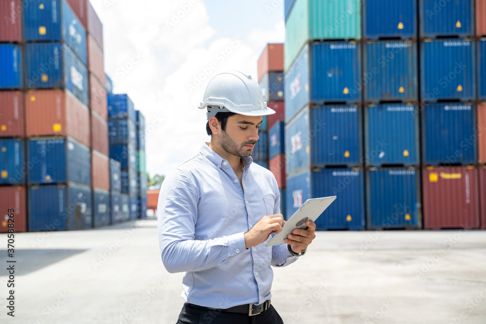 Poster businessman working in the construction container yard at container depot station for logistic impor