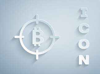 Paper cut Bitcoin in the target icon isolated on grey background. Investment target icon. Paper art style. Vector.