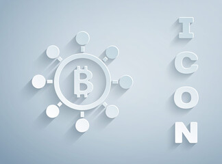 Paper cut Blockchain technology Bitcoin icon isolated on grey background. Abstract geometric block chain network technology business. Paper art style. Vector.