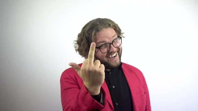 Angry Aggressive man showing Fuck you sign, the middle finger.White background.Businessman in red suit.4k