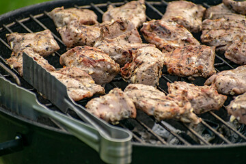Grilling pig meat and sausages for a campfire party.