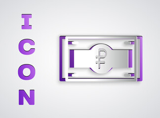 Paper cut Russian ruble banknote icon isolated on grey background. Paper art style. Vector.