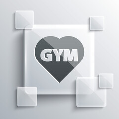 Grey Fitness gym heart icon isolated on grey background. I love fitness. Square glass panels. Vector.