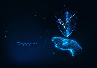 Futuristic protection cyber security concept with glow low polygonal hand holding protective shield