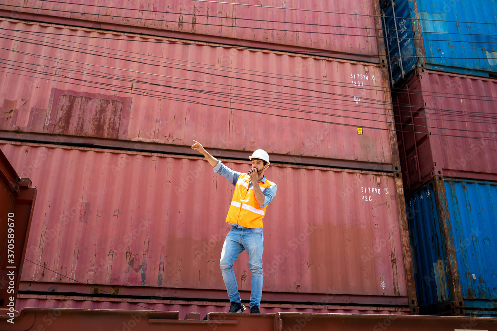 Poster container worker loading containers box for import export at industrial container cargo.