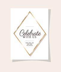 celebrate with us text in gold frame design, Wedding invitation save the date and engagement theme Vector illustration