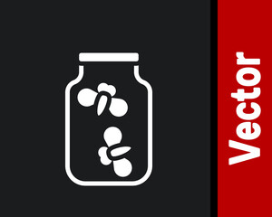 White Fireflies bugs in a jar icon isolated on black background. Vector.