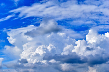 A stormy landscape with blue Cumulus clouds on the horizon.