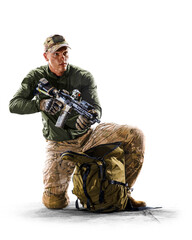 Army soldier in Protective Combat Uniform holding Special Operations Forces Combat Assault Rifle isolated on white background