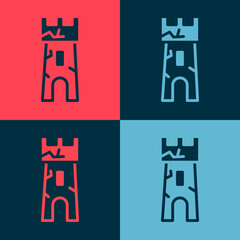 Pop art Castle tower icon isolated on color background. Fortress sign. Vector.