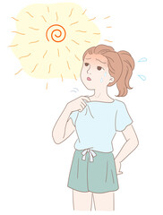In the sun, the weather is very hot, the girl has been sweating, one hand opened the collar to dissipate heat