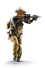 Army soldier in Protective Combat Uniform holding Special Operations Forces Combat Assault Rifle...