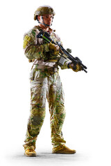 Army soldier in Protective Combat Uniform holding Special Operations Forces Combat Assault Rifle isolated on white background